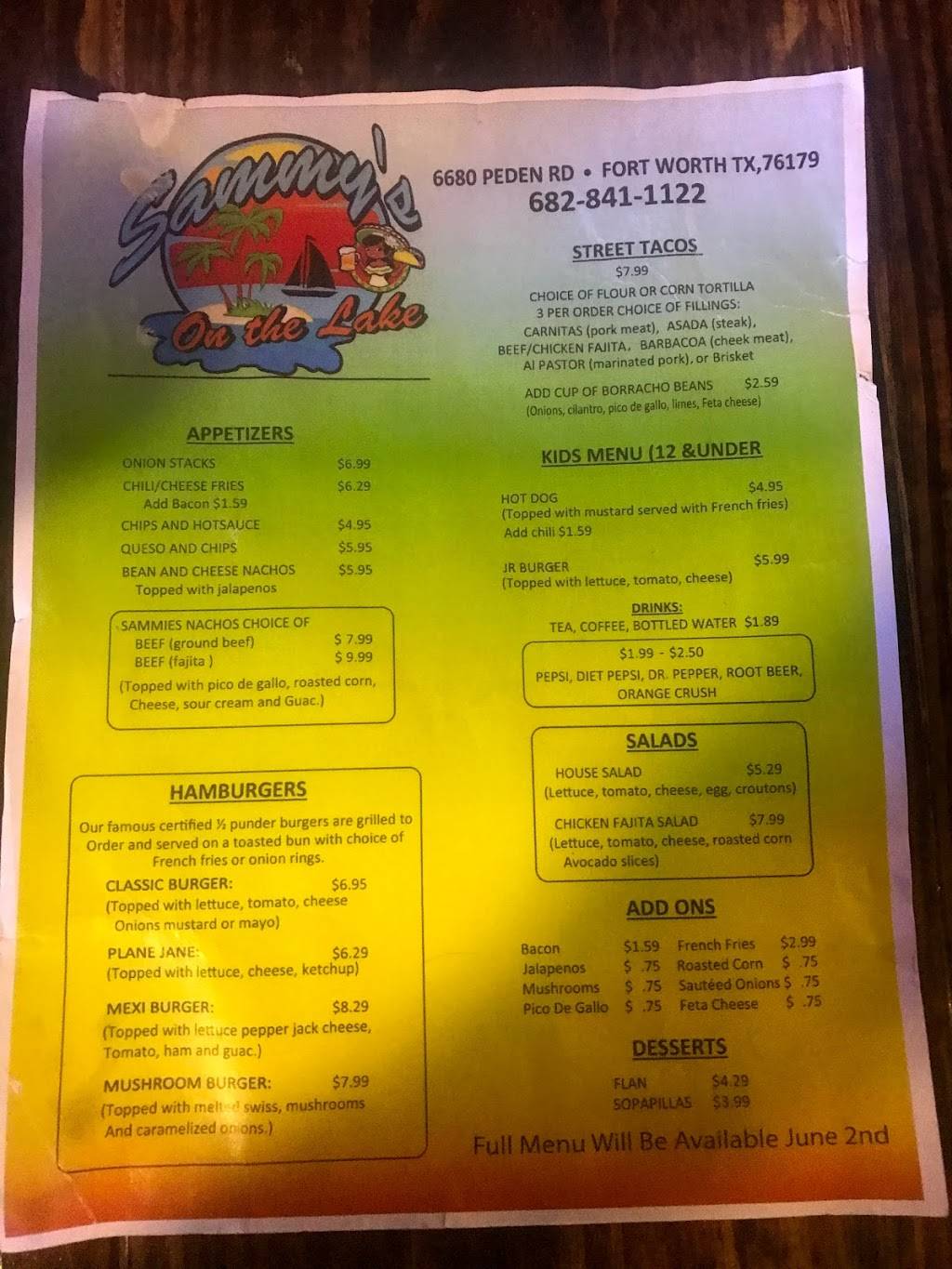 Sammys on the Lake | restaurant | 6680 Peden Rd, Fort Worth, TX 76179, USA | 6828411122 OR +1 682-841-1122