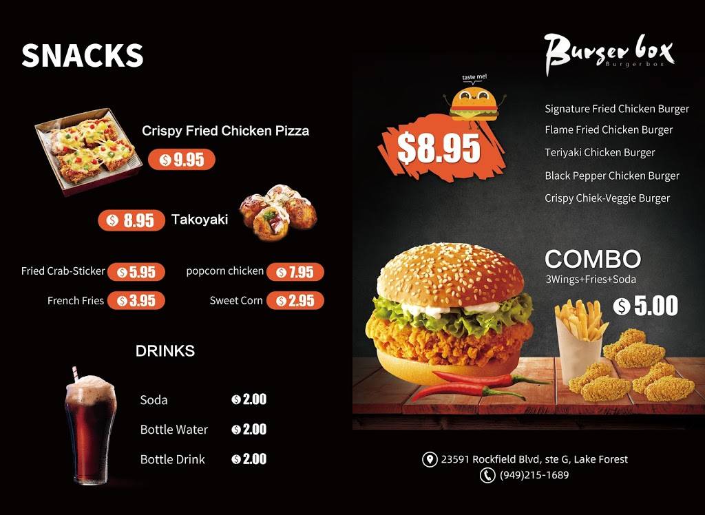 Burger Box | meal takeaway | 23591 Rockfield Blvd STE G, Lake Forest, CA 92630, USA | 9492151689 OR +1 949-215-1689