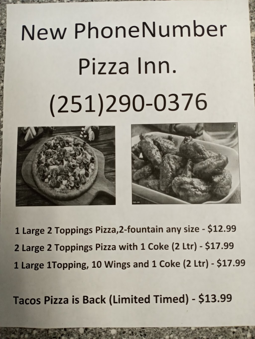 Pizza Inn Express | meal takeaway | 12640 AL-188, Grand Bay, AL 36541, USA | 2512900376 OR +1 251-290-0376