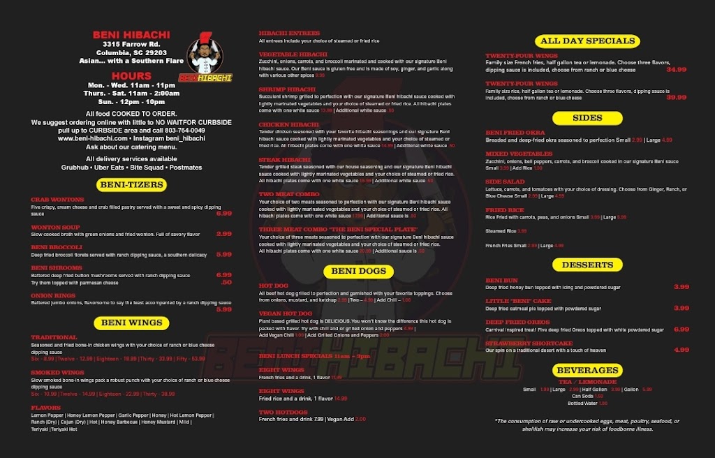 Beni hibachi | restaurant | 3315 Farrow Rd, Columbia, SC 29203, USA | 8037640049 OR +1 803-764-0049