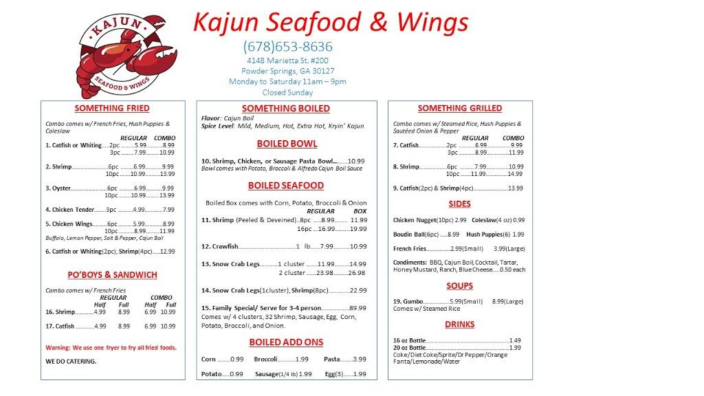 Kajun Seafood & Wings | restaurant | 4148 Marietta St Suite 200, Powder Springs, GA 30127, USA | 6786538636 OR +1 678-653-8636