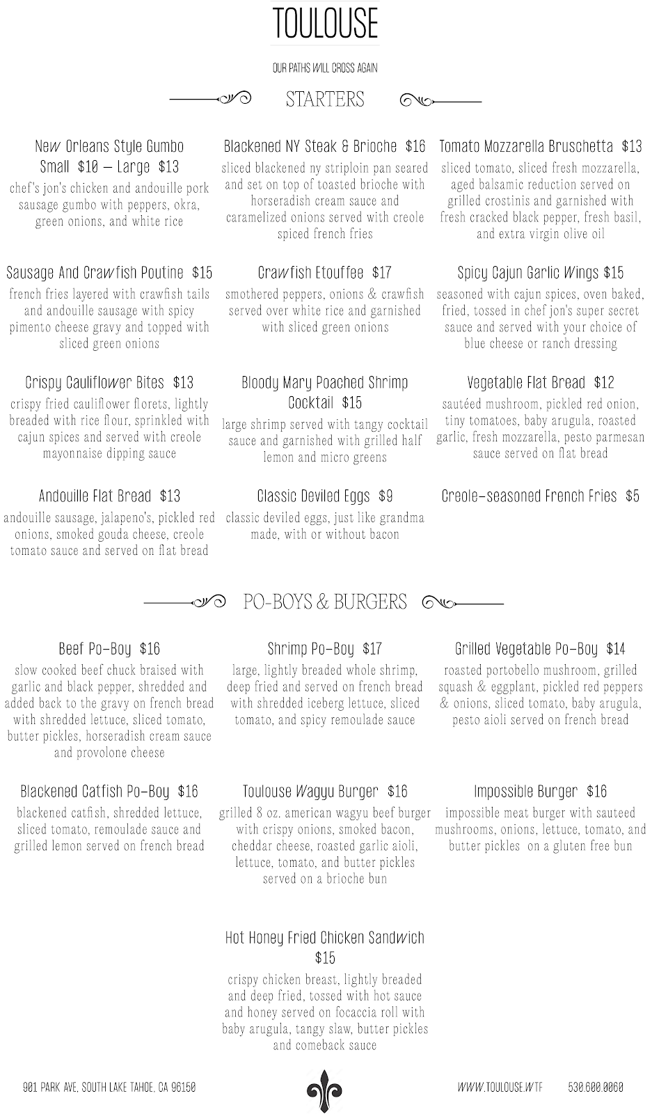 Toulouse South Lake Tahoe | restaurant | 901 Park Ave, South Lake Tahoe, CA 96150, USA | 5306000060 OR +1 530-600-0060