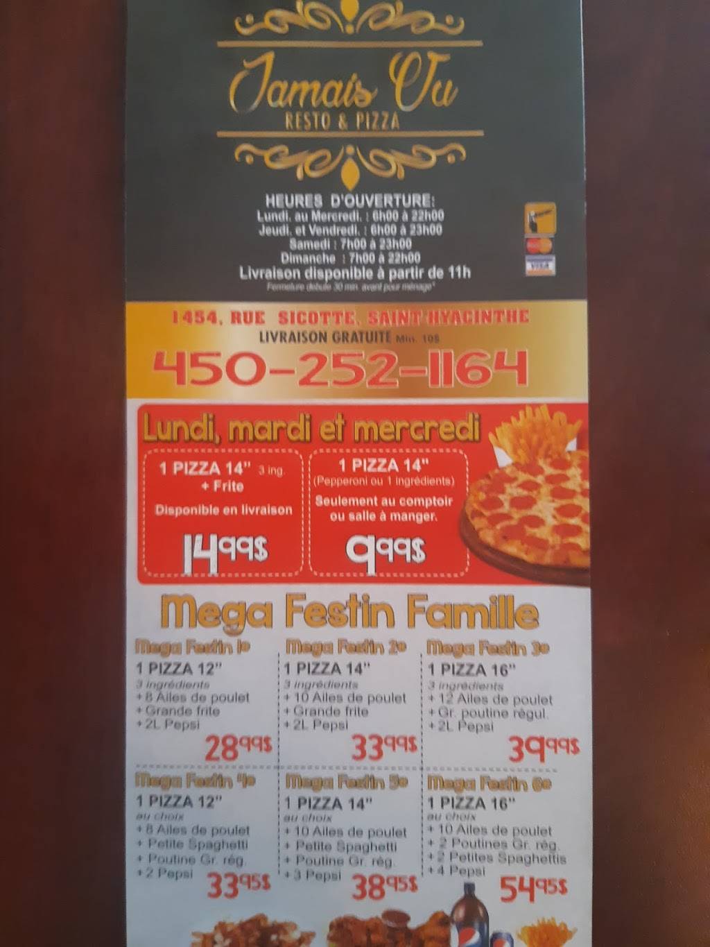 Restaurant pizza jamais vu | restaurant | 1454 Rue Sicotte, Saint-Hyacinthe, QC J2S 2J6, Canada | 4502521164 OR +1 450-252-1164