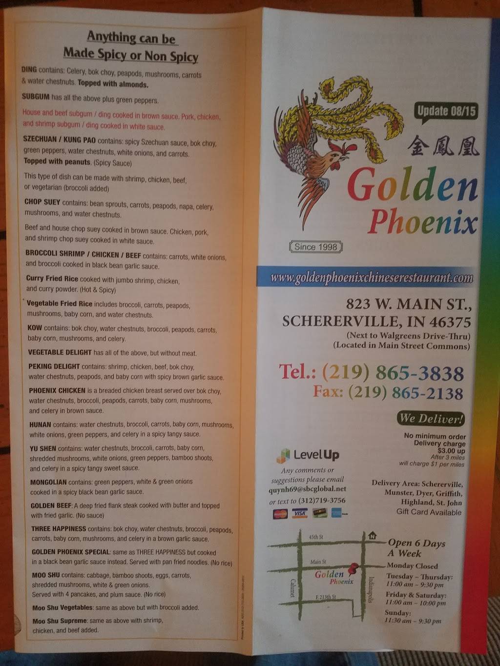 Golden Phoenix | restaurant | 823 Main St, Schererville, IN 46375, USA | 2198653838 OR +1 219-865-3838
