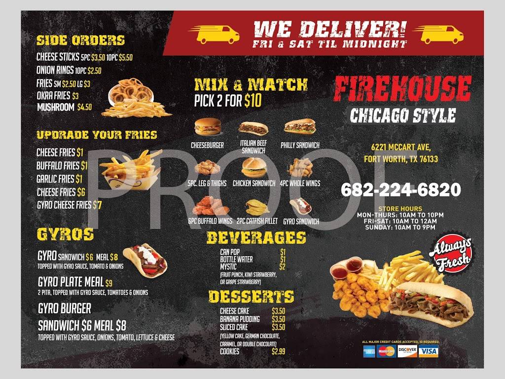 Firehouse Chicago Style | restaurant | 6221 McCart Ave, Fort Worth, TX 76133, USA | 6822246820 OR +1 682-224-6820