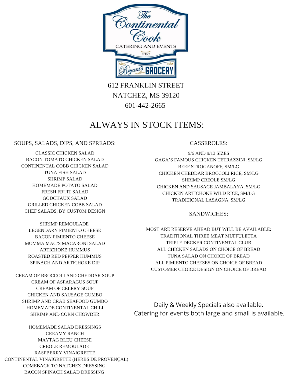 The Continental Cook | restaurant | 612 Franklin St, Natchez, MS 39120, USA | 6014422665 OR +1 601-442-2665