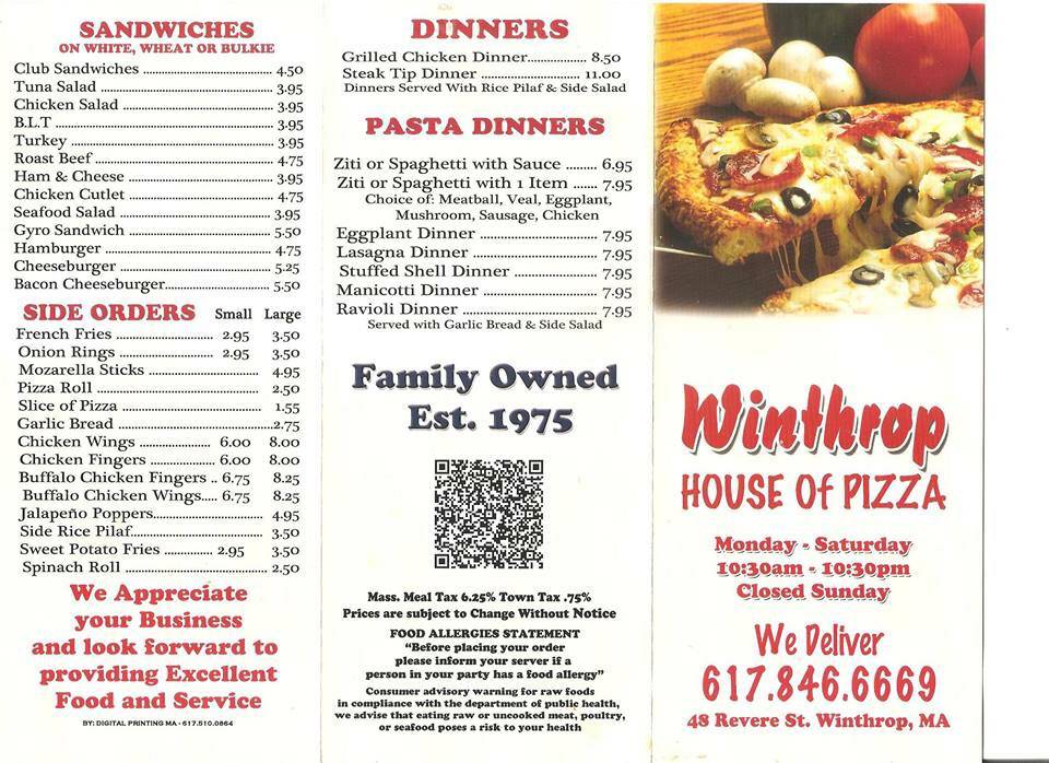 Winthrop House of Pizza | restaurant | 48 Revere St, Winthrop, MA 02152, USA | 6178466669 OR +1 617-846-6669