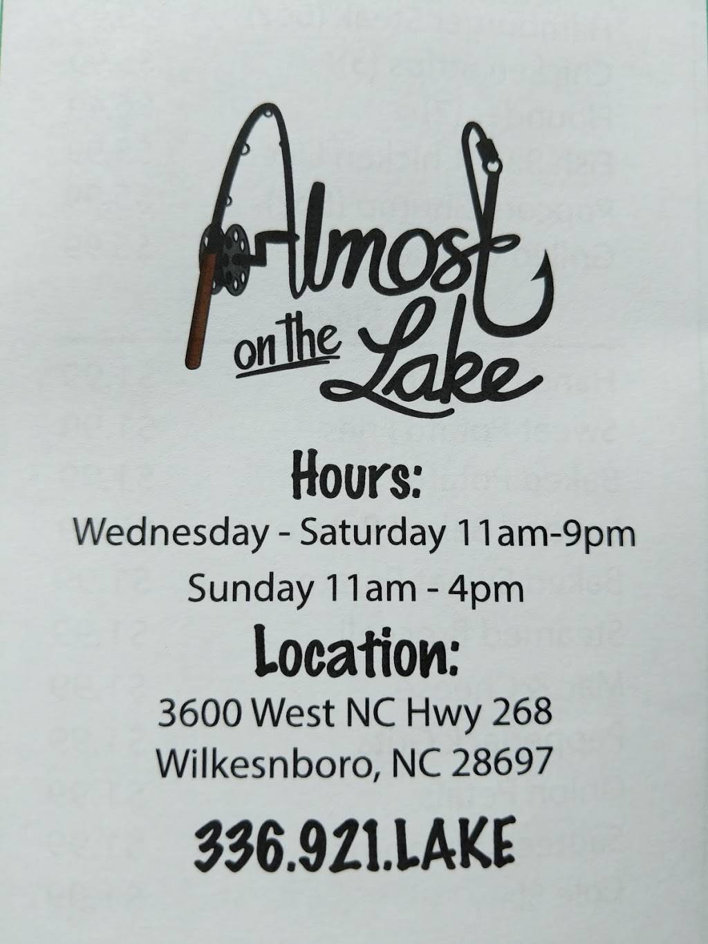 Almost on The Lake | restaurant | 3600 W, NC-268, Wilkesboro, NC 28697, USA | 3369215253 OR +1 336-921-5253