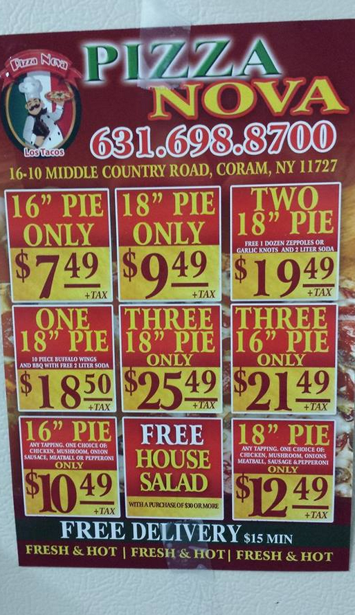 Pizza Nova Los Tacos | meal delivery | 16 Middle Country Rd, Coram, NY 11727, USA | 6316988700 OR +1 631-698-8700