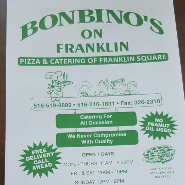 Bonbinos Pizzeria and Restaurant | restaurant | 380 Franklin Ave, Franklin Square, NY 11010, USA | 5165198899 OR +1 516-519-8899