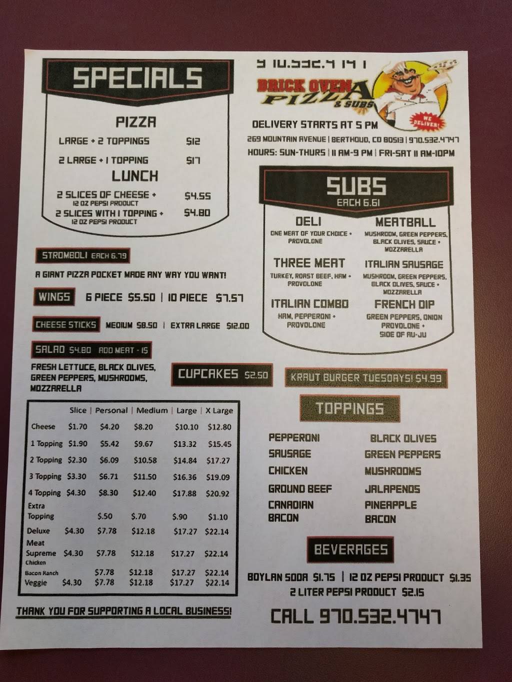 Brick Oven | restaurant | 269 Mountain Ave, Berthoud, CO 80513, USA | 9705324747 OR +1 970-532-4747