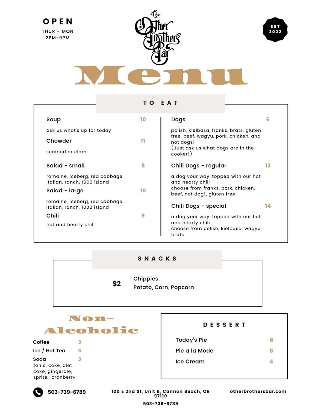 Other Brothers Bar | restaurant | 100 E 2nd St Unit B, Cannon Beach, OR 97110, USA | 5037396789 OR +1 503-739-6789