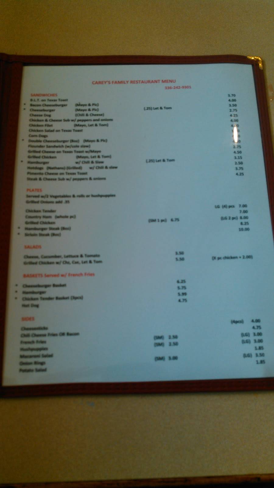 Careys Family Restaurant and Ice Cream | restaurant | 601 W 5th Ave, Lexington, NC 27292, USA | 3362429301 OR +1 336-242-9301