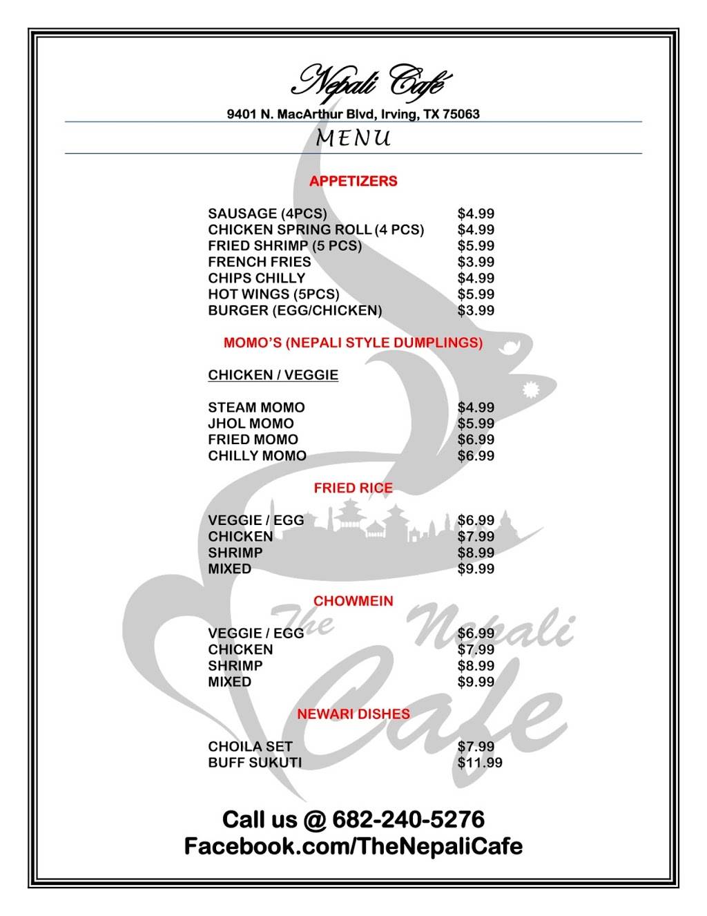 Nepali Cafe | restaurant | 9401 N MacArthur Blvd, Irving, TX 75063, USA | 6822405276 OR +1 682-240-5276