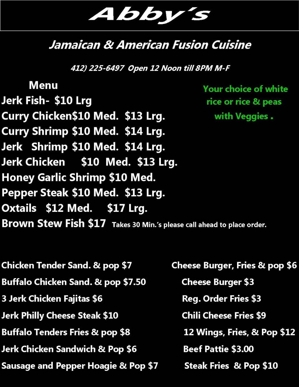 Abbys Jamaican & American Fusion Cuisine | restaurant | 2408 Reed St, Pittsburgh, PA 15219, USA | 4122256497 OR +1 412-225-6497
