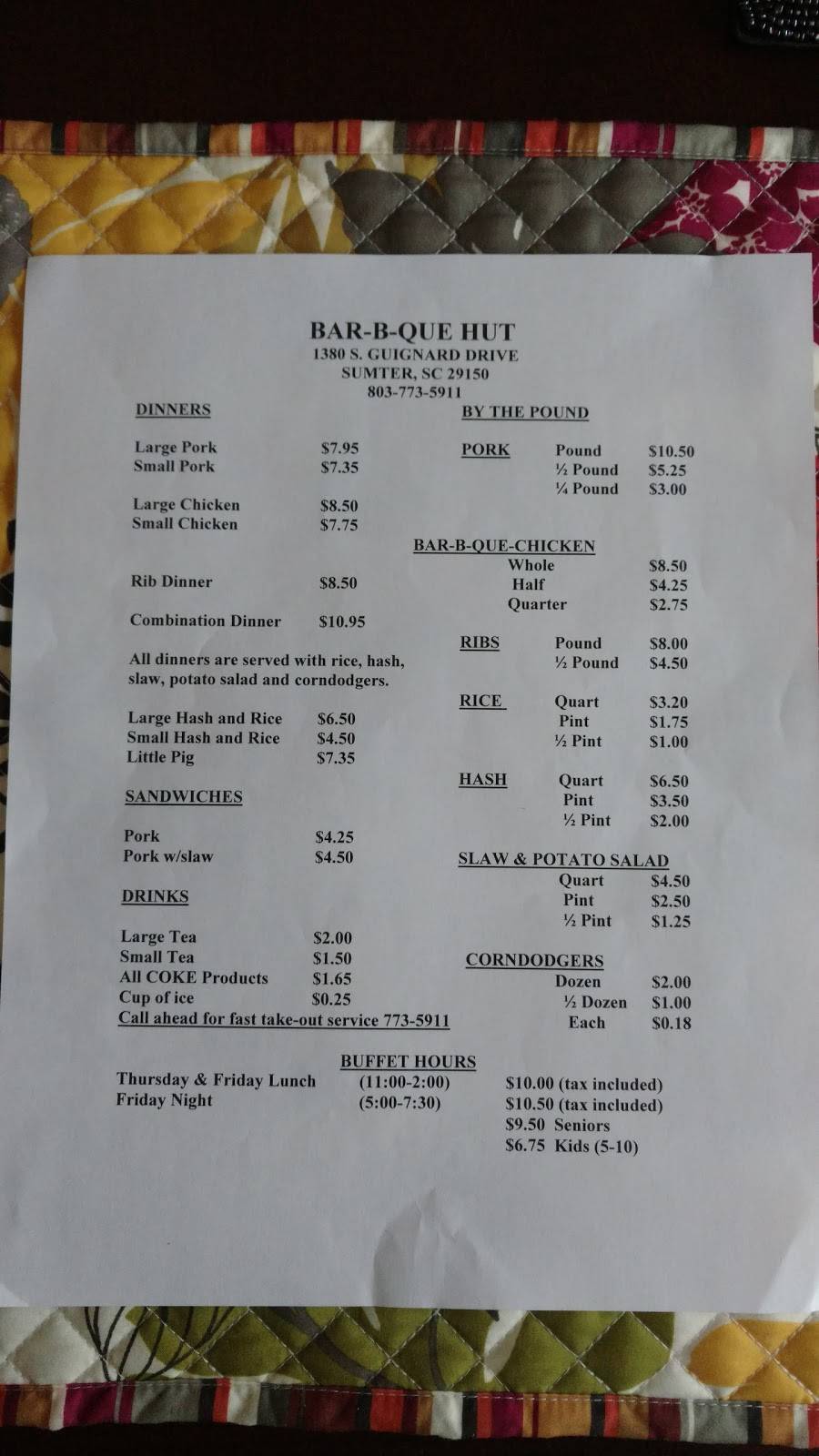 Bar-B-Que Hut | restaurant | 1380 S Guignard Dr, Sumter, SC 29150, USA | 8037735911 OR +1 803-773-5911