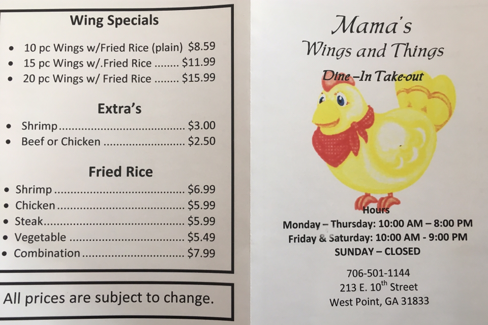 Mama’s Wings | restaurant | 213 E 10th St, West Point, GA 31833, USA | 7065011144 OR +1 706-501-1144