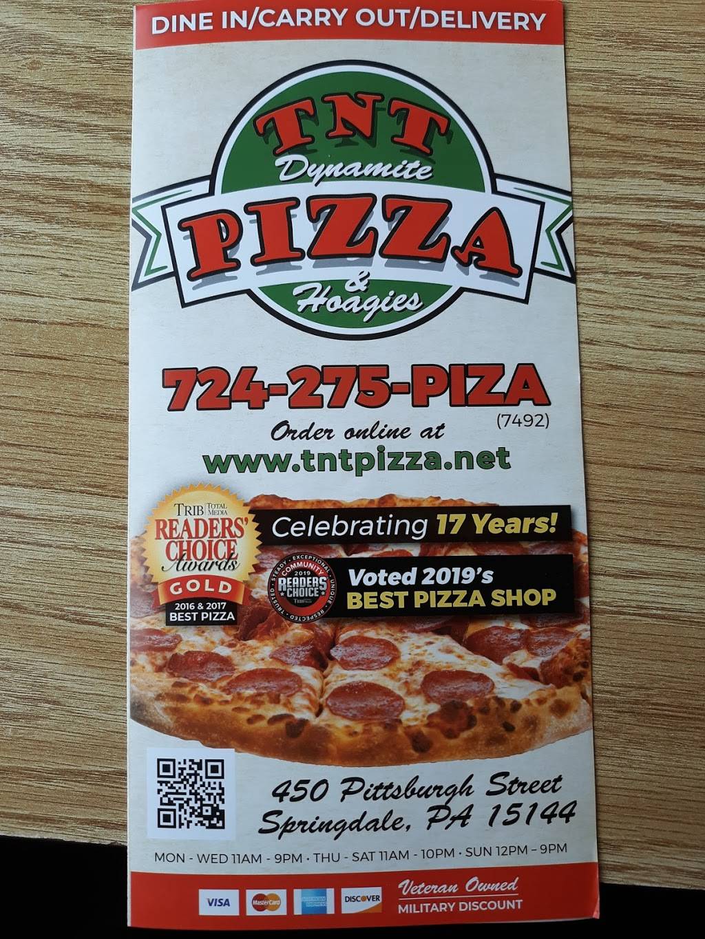 TNT Dynamite Pizza & Hoagies | restaurant | 450 Pittsburgh St, Springdale, PA 15144, USA | 7242757492 OR +1 724-275-7492