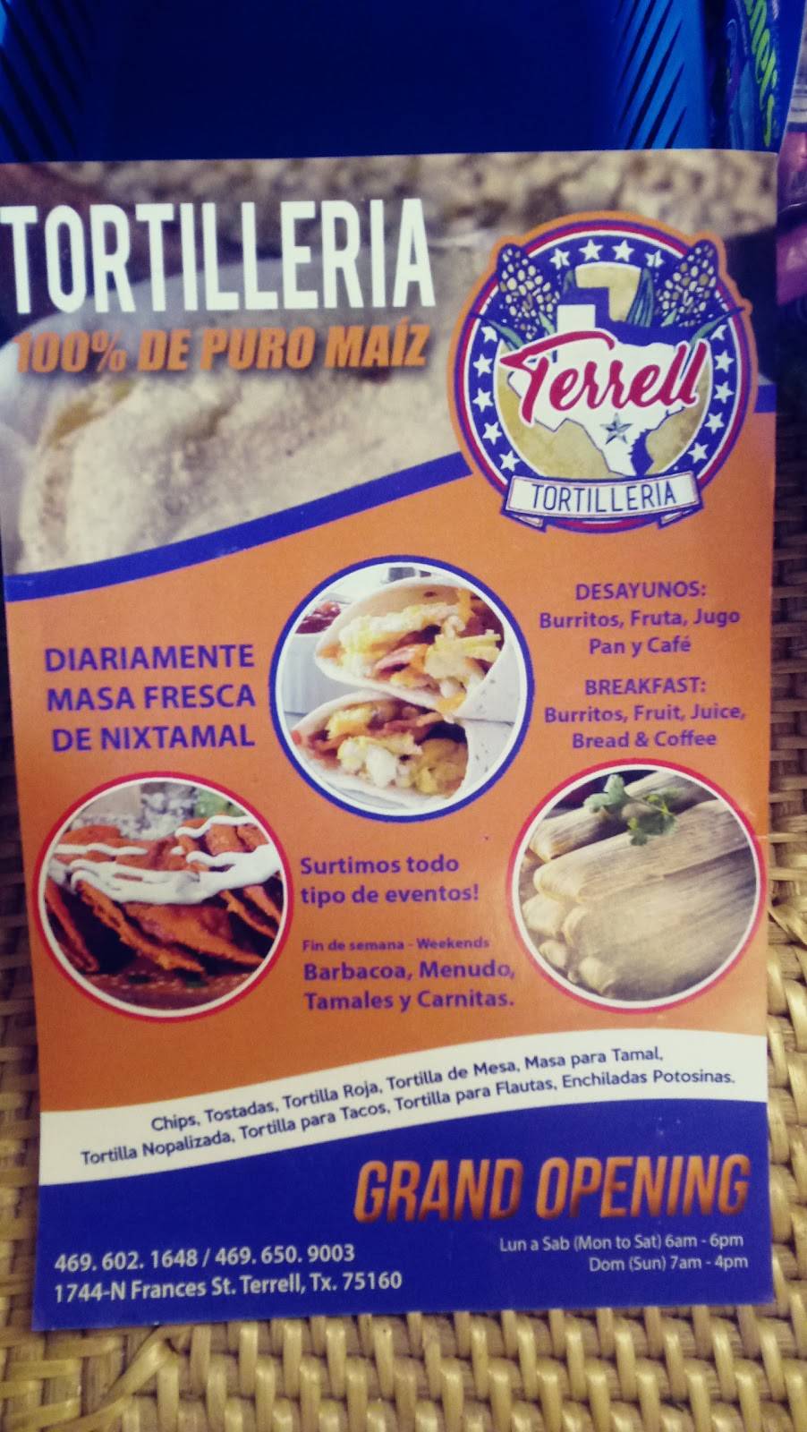Tortilleria Terrell | restaurant | 1744 N Frances St, Terrell, TX 75160, USA | 4696021648 OR +1 469-602-1648