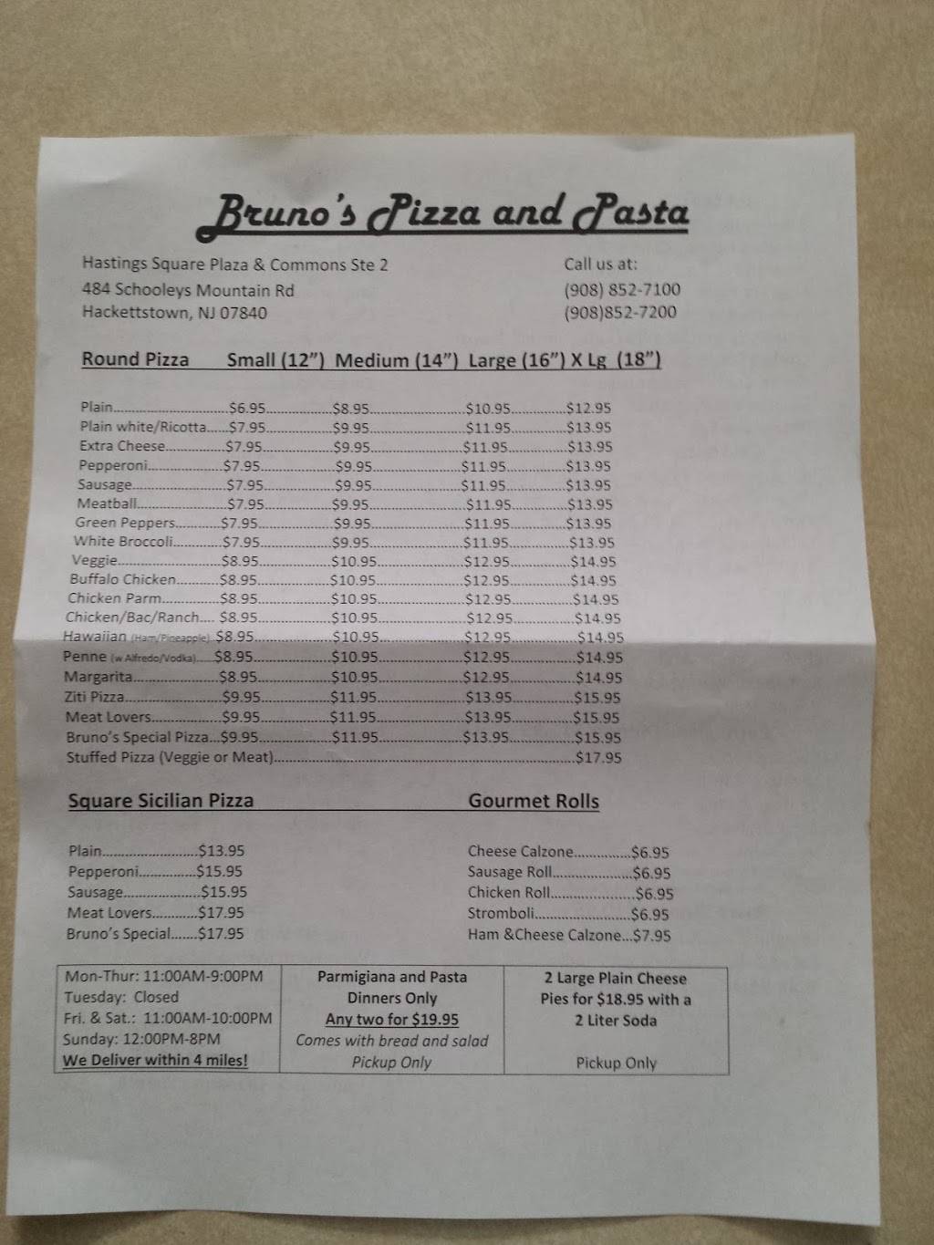 Brunos Pizza and Pasta | meal delivery | 470 Schooleys Mountain Rd #2, Hackettstown, NJ 07840, USA | 9088527100 OR +1 908-852-7100