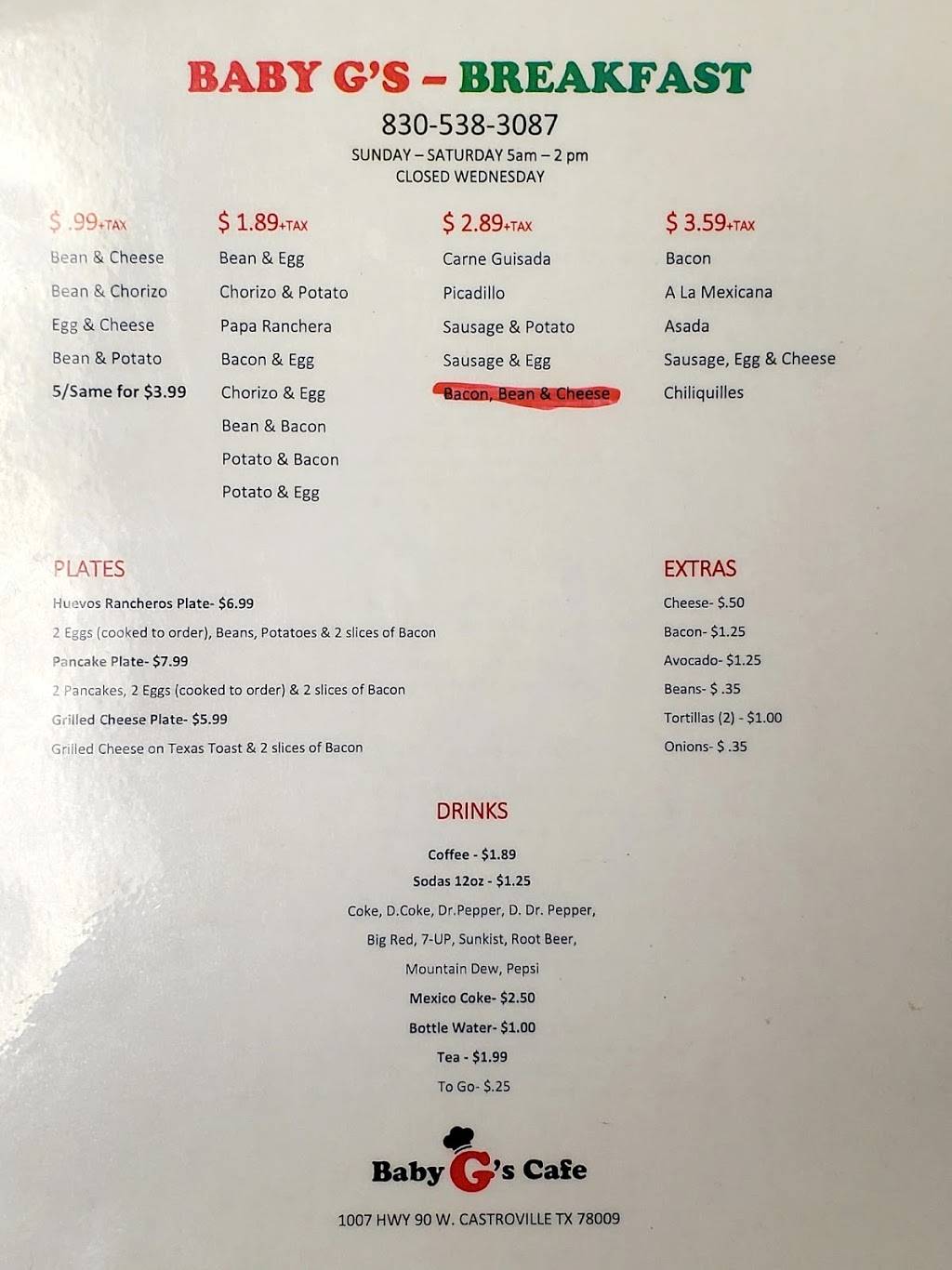 Baby Gs Café | restaurant | 1007 US-90, Castroville, TX 78009, USA | 8305383087 OR +1 830-538-3087