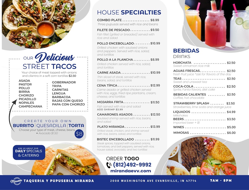 Taqueria y Pupuseria Miranda | restaurant | 2008 Washington Ave, Evansville, IN 47714, USA | 8124929992 OR +1 812-492-9992
