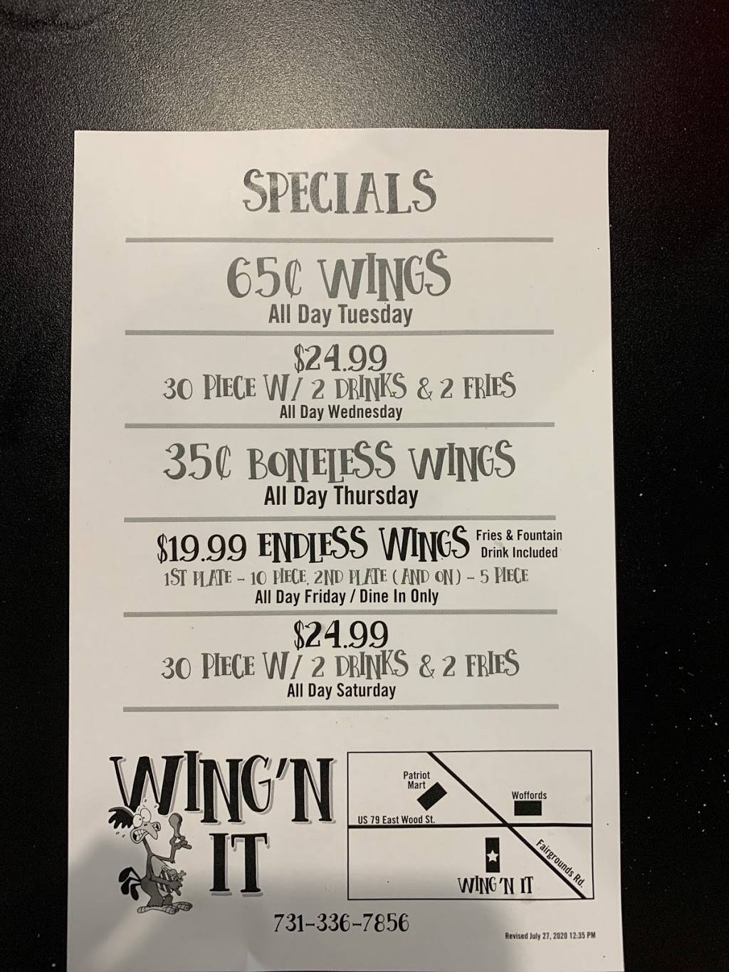 WingN It | restaurant | 10 Fairgrounds Rd, Paris, TN 38242, USA | 7314074353 OR +1 731-407-4353