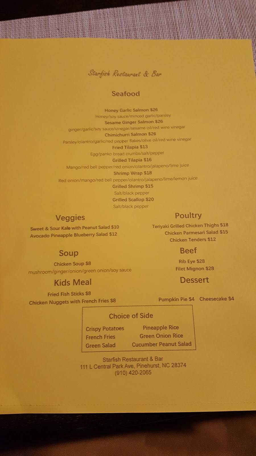 Starfish Restaurant & Bar | restaurant | 111L Central Park Ave, Pinehurst, NC 28374, USA | 9104202065 OR +1 910-420-2065