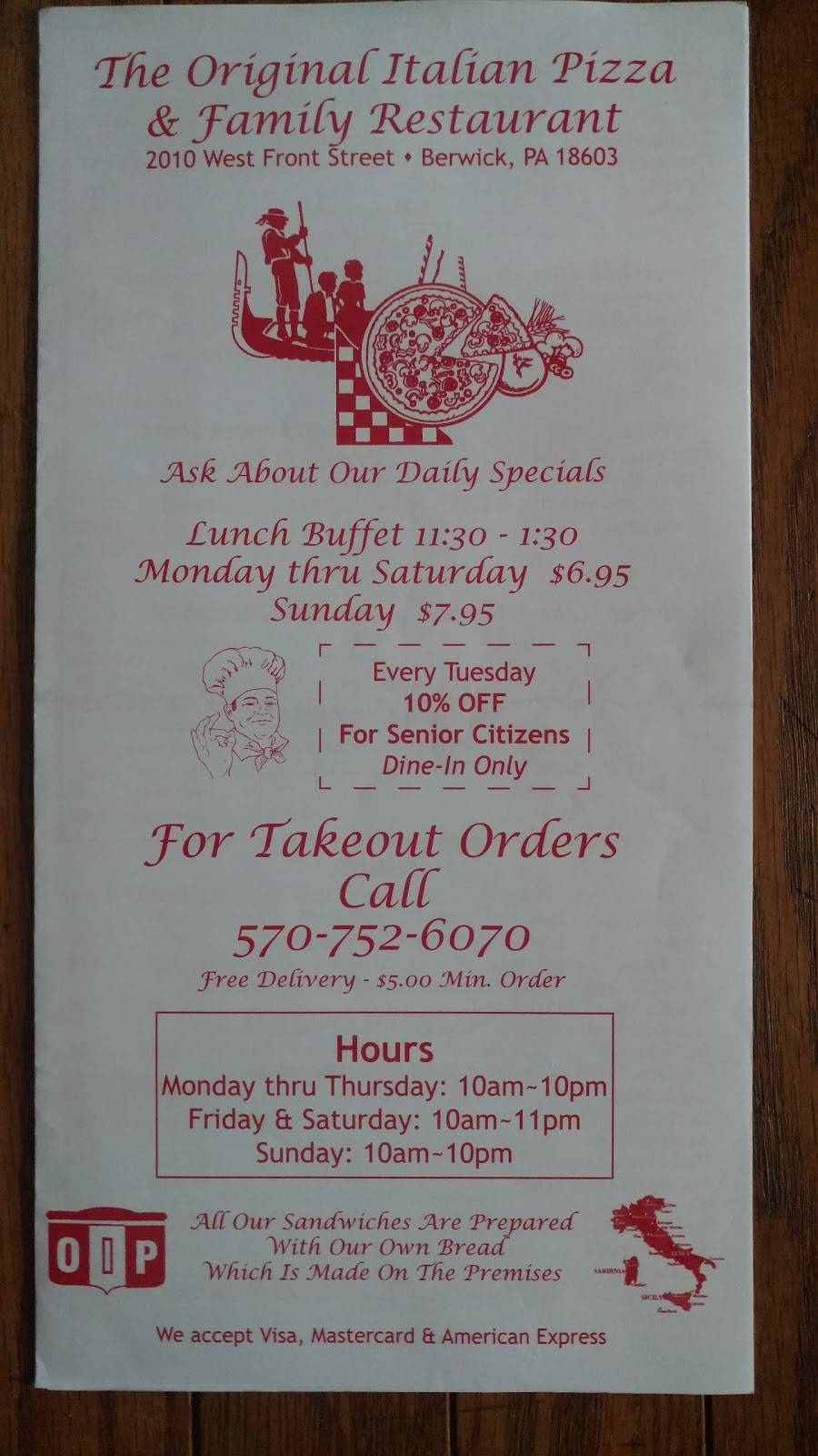 Original Italian Pizza | restaurant | 2010 W Front St, Berwick, PA 18603, USA | 5707526070 OR +1 570-752-6070