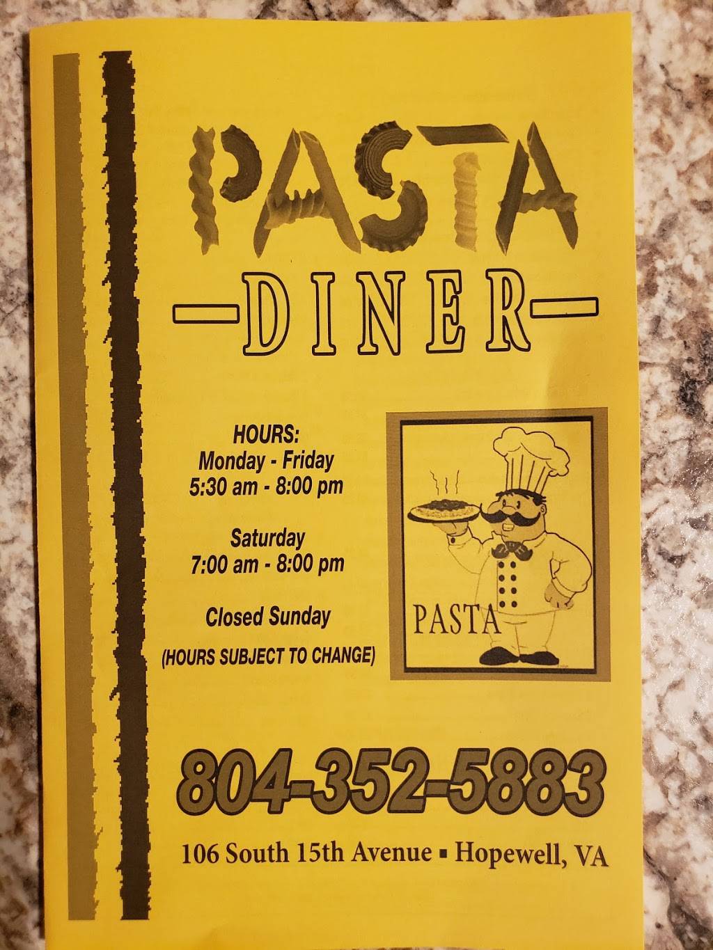 Pasta Diner | restaurant | 106 S 15th Ave, Hopewell, VA 23860, USA | 8043525883 OR +1 804-352-5883
