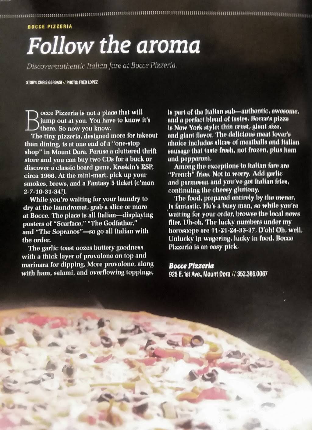 Bocces Pizzeria | restaurant | 925 E 1st Ave, Mt Dora, FL 32757, USA | 3523850067 OR +1 352-385-0067