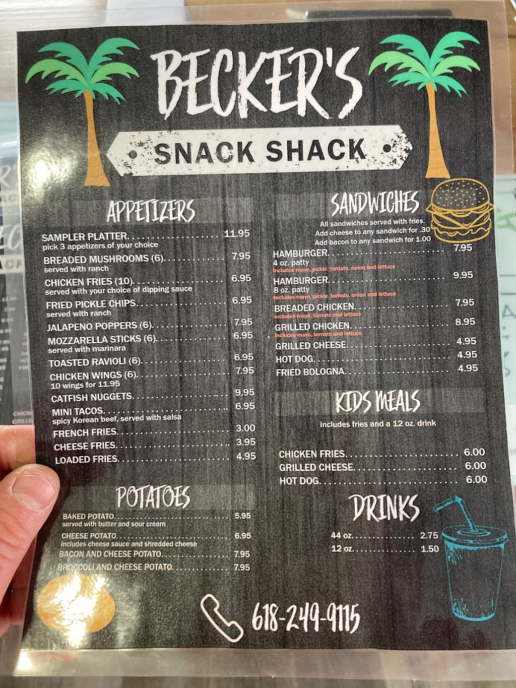 Becker’s Snack Shack | restaurant | 103 E Huron St, Irvington, IL 62848, USA | 6182499115 OR +1 618-249-9115