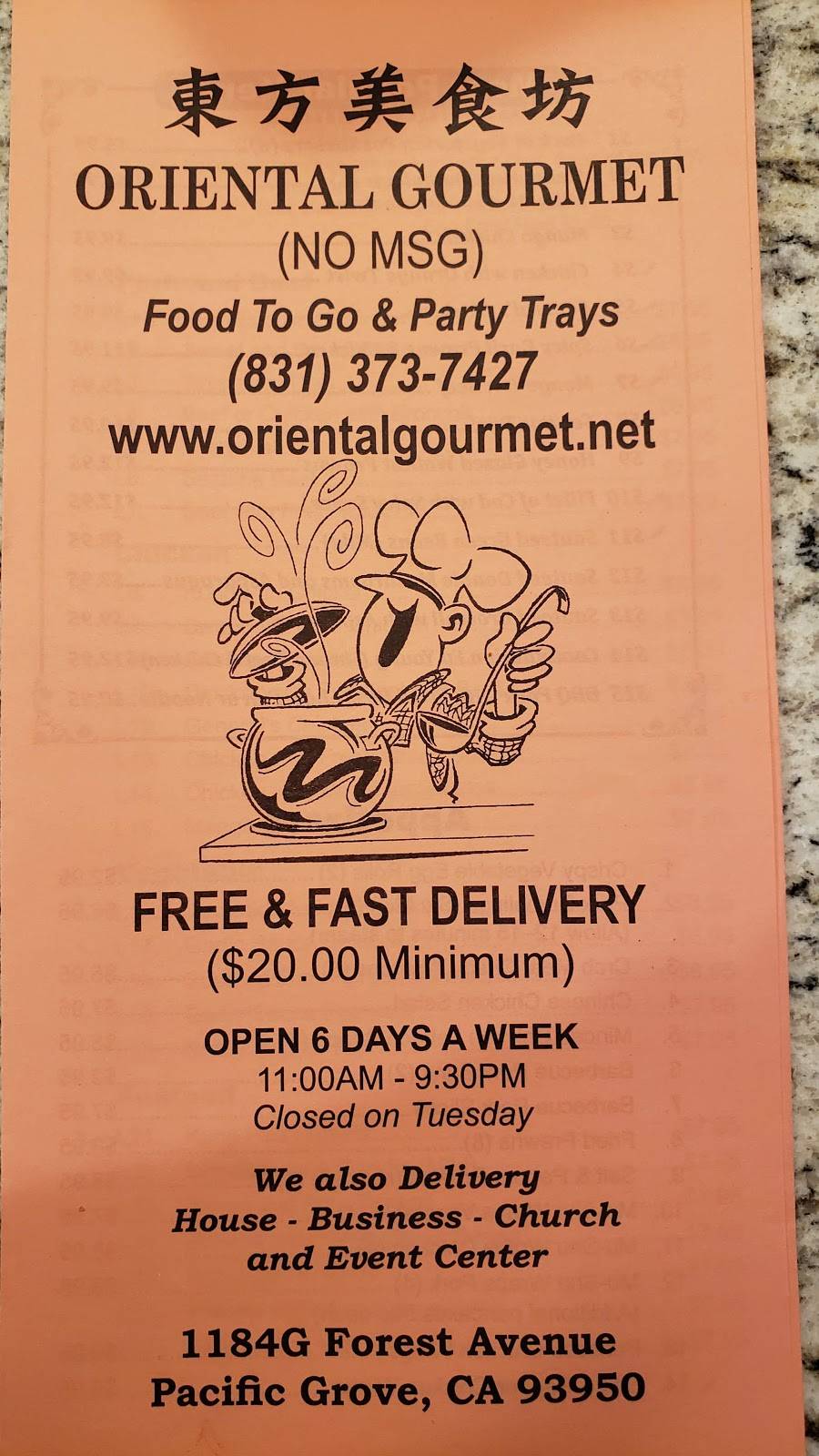 Oriental Gourmet | restaurant | 1184 Forest Ave unit g, Pacific Grove, CA 93950, USA | 8313737427 OR +1 831-373-7427
