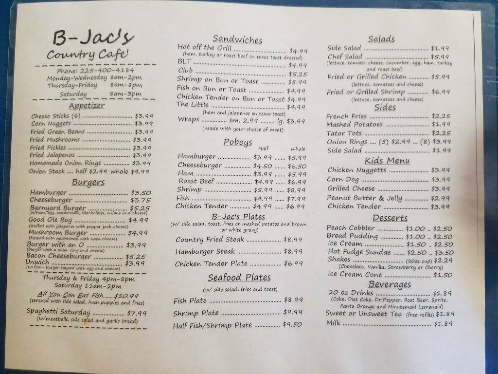 B-Jacs Country Cafe | restaurant | 27251 Main, LA-42, Holden, LA 70744, USA | 2252095582 OR +1 225-209-5582