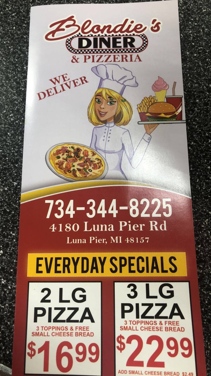 Blondies Diner & Pizzaeria | restaurant | 4180 Luna Pier Rd, Luna Pier, MI 48157, USA | 7343448225 OR +1 734-344-8225