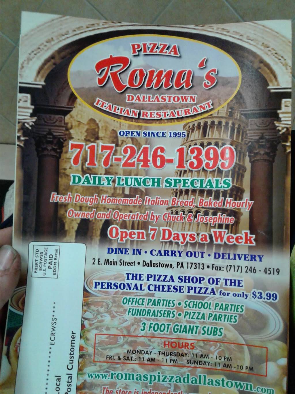 Romas Pizza Italian Restaurant | restaurant | 2 E Main St, Dallastown, PA 17313, USA | 7172461399 OR +1 717-246-1399