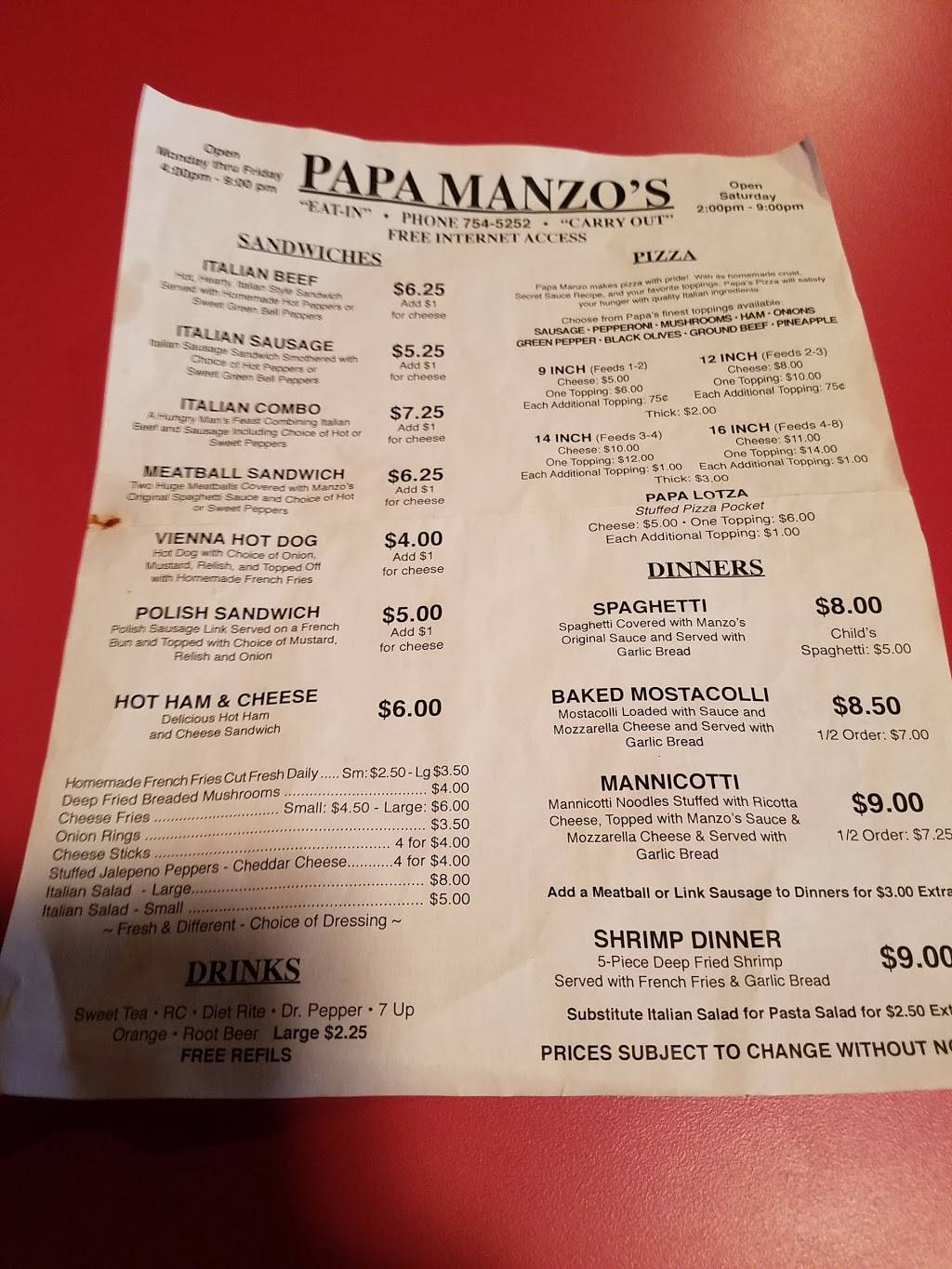 Papa Manzos | restaurant | 1202 West Everly Brothers Boulevard, Central City, KY 42330, USA | 2707545252 OR +1 270-754-5252