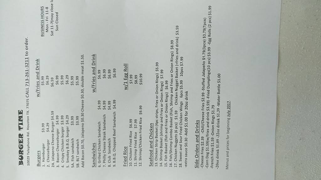 Burger Time | restaurant | 10029 Telephone Rd, Houston, TX 77075, USA | 7132613211 OR +1 713-261-3211