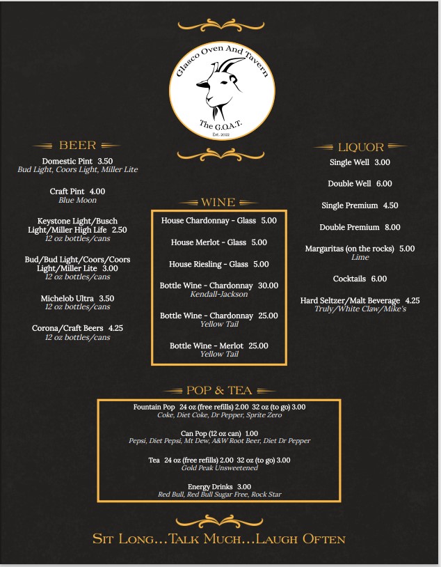 Glasco Oven And Tavern (The G.O.A.T.) | restaurant | 201 E Main St, Glasco, KS 67445, USA | 8163096290 OR +1 816-309-6290