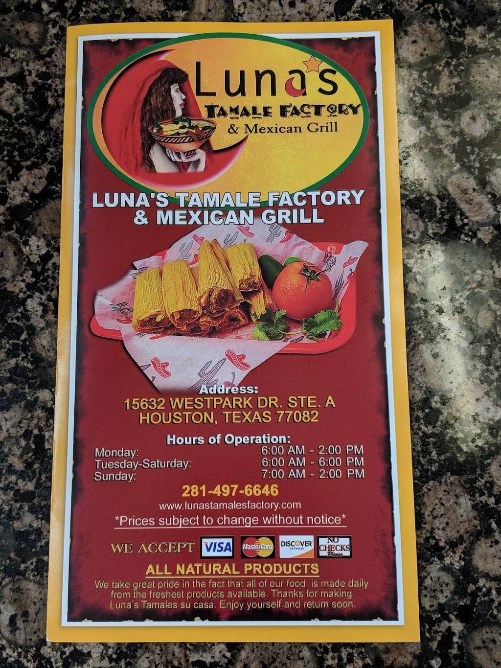 Lunas Tamale Factory & Mexican Grill | restaurant | 15632 Westpark Dr A, Houston, TX 77082, USA | 2814976646 OR +1 281-497-6646