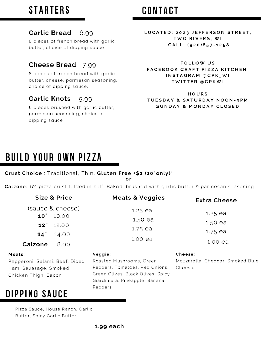 Craft Pizza Kitchen | restaurant | 2023 Jefferson St, Two Rivers, WI 54241, USA | 9206571258 OR +1 920-657-1258
