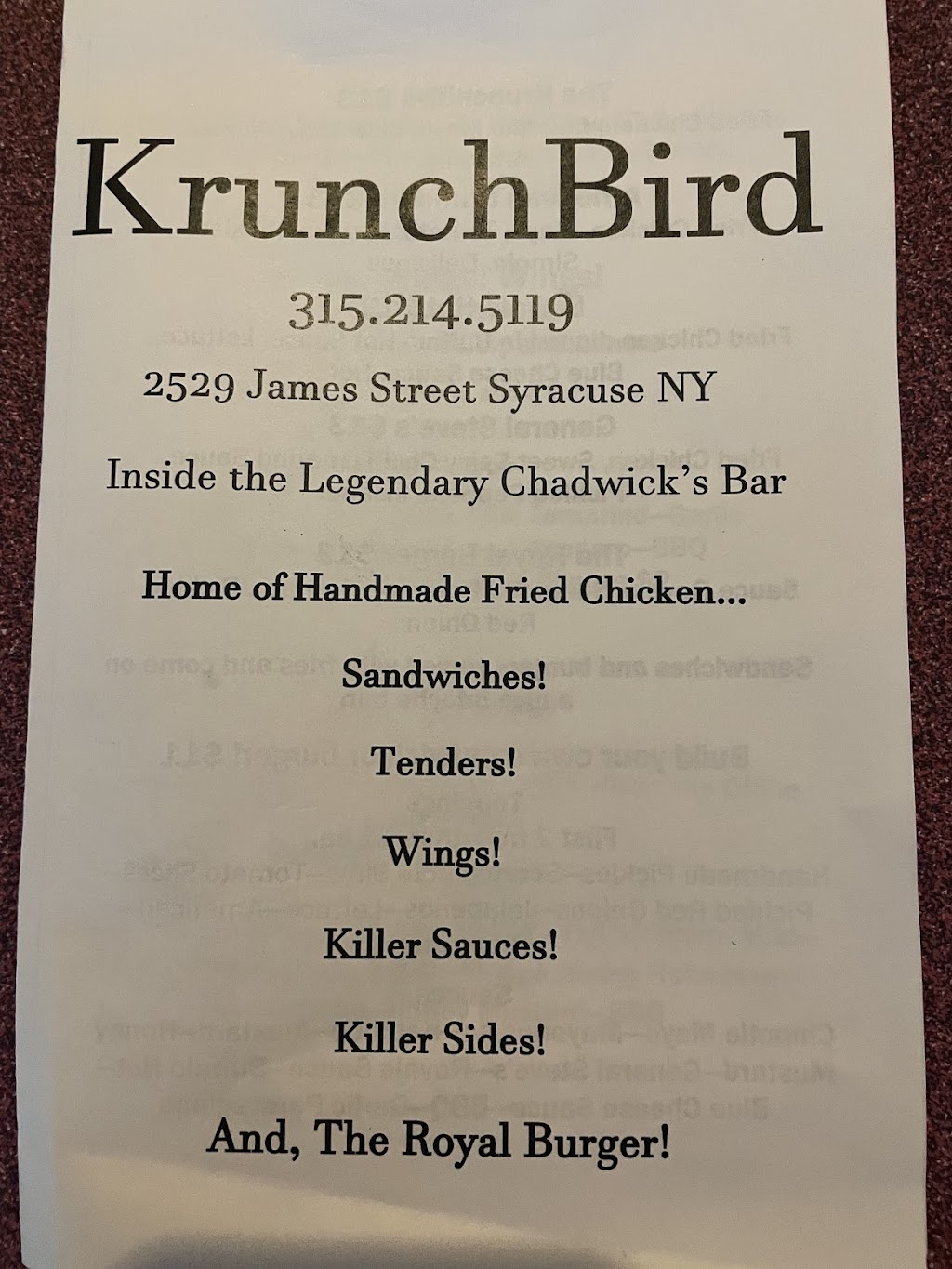 KrunchBird | restaurant | 2529 James St, Syracuse, NY 13206, USA | 3152145119 OR +1 315-214-5119