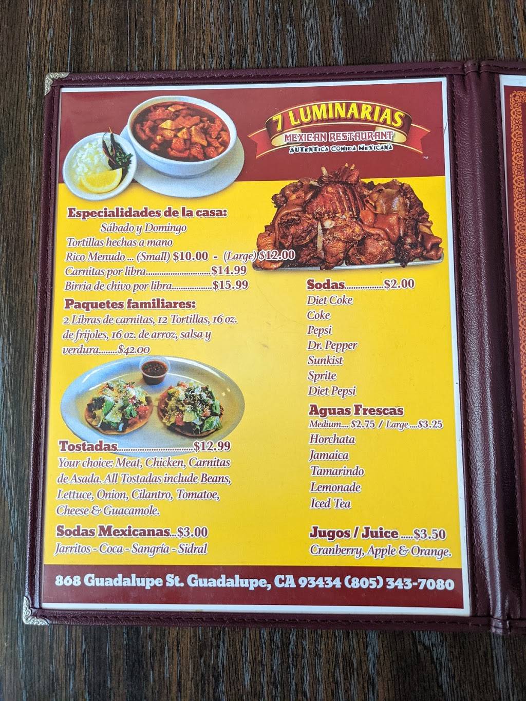 7 Luminarias | restaurant | 868 Guadalupe St, Guadalupe, CA 93434, USA | 8053437080 OR +1 805-343-7080