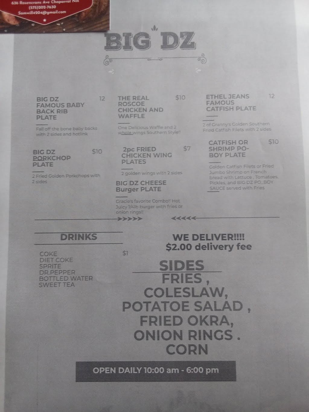 BIG DZ Southern Kitchen | restaurant | 636 Rosencrans St, Chaparral, NM 88081, USA | 5752027630 OR +1 575-202-7630