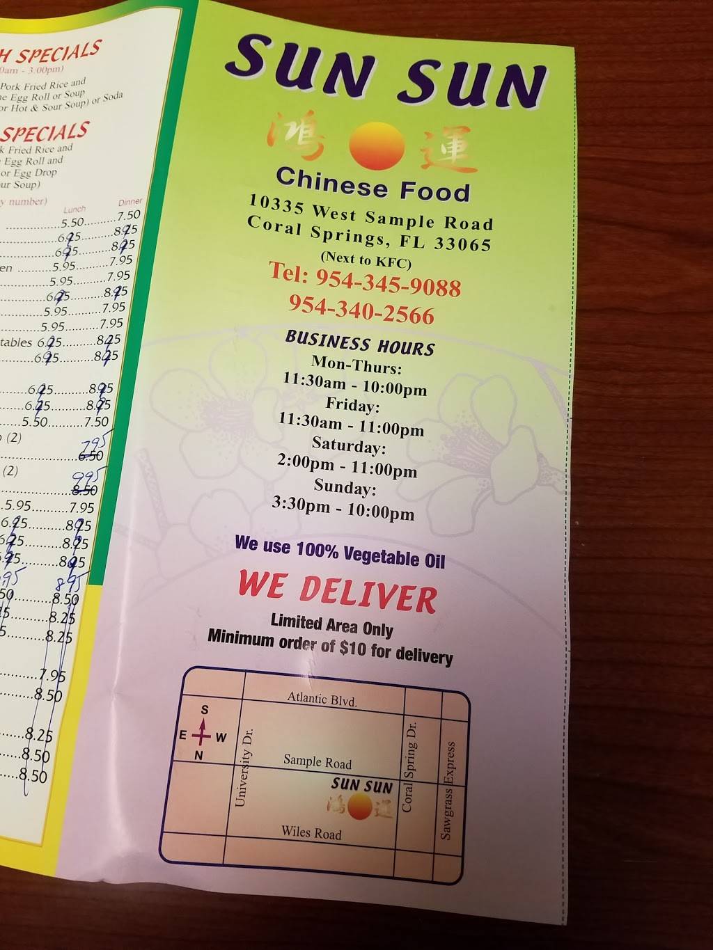 Sun Sun Chinese Take-Out | meal takeaway | 10335 W Sample Rd, Coral Springs, FL 33065, USA | 9543402566 OR +1 954-340-2566