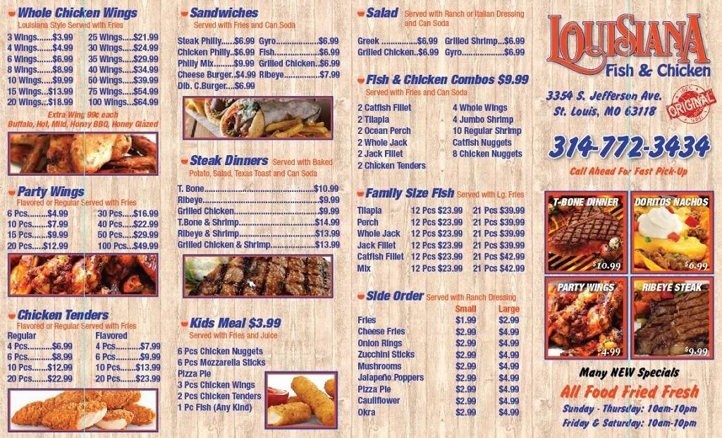 Louisiana Fish and Chicken | restaurant | 3354 S Jefferson Ave, St. Louis, MO 63118, USA | 3146800000 OR +1 314-680-0000