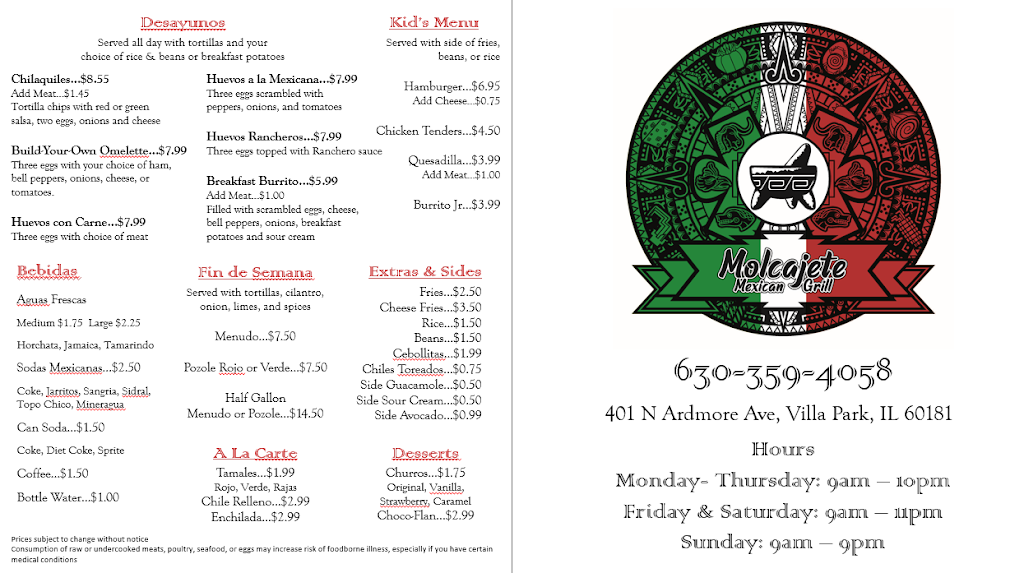 Molcajete Mexican Grill | restaurant | 401 N Ardmore Ave, Villa Park, IL 60181, USA | 6303594058 OR +1 630-359-4058
