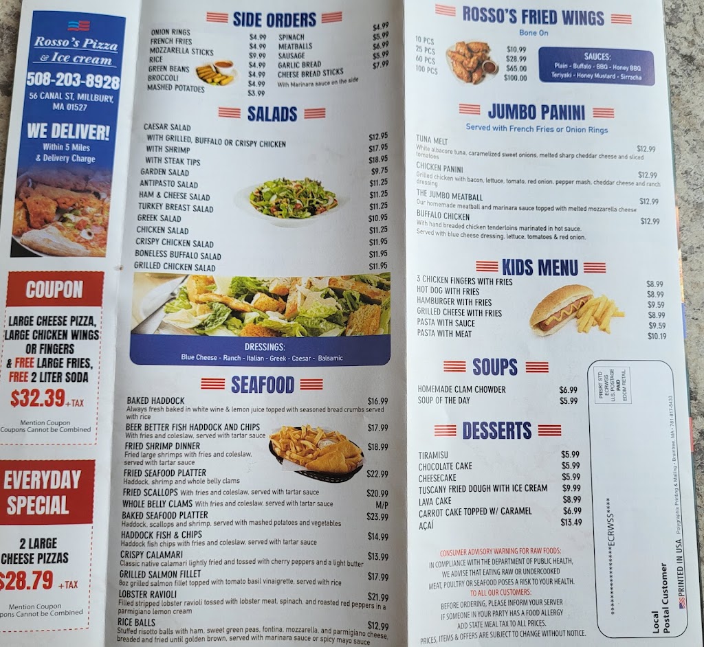 Rossos Pizza & Ice Cream | restaurant | 56 Canal St, Millbury, MA 01527, USA | 5082038928 OR +1 508-203-8928