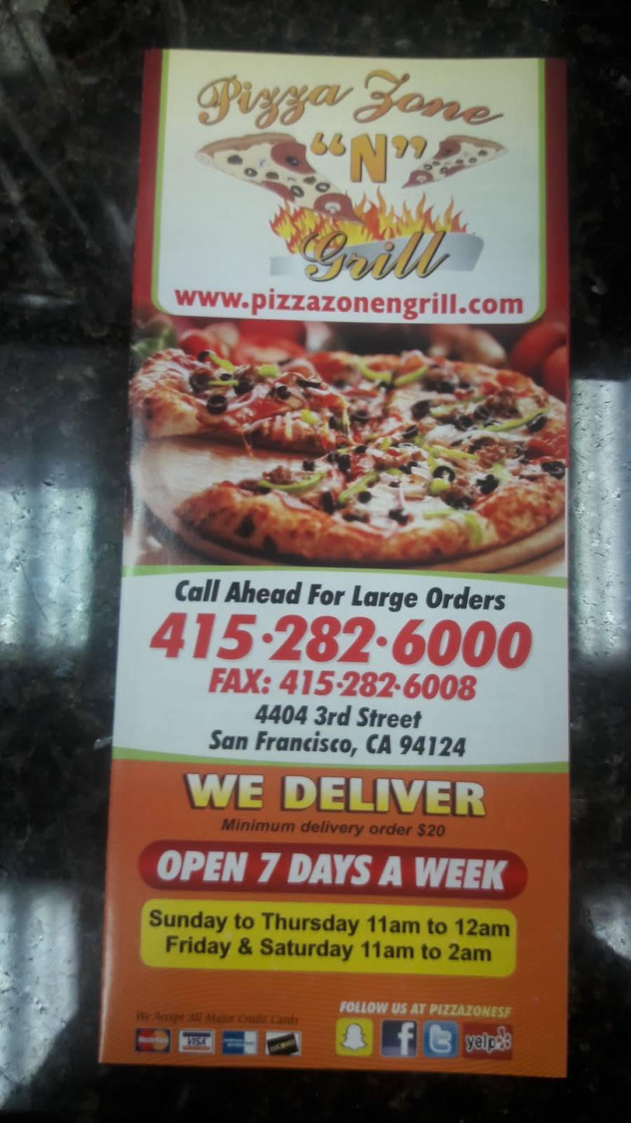 Pizza Zone N Grill | restaurant | 4404 3rd St, San Francisco, CA 94124, USA | 4152826000 OR +1 415-282-6000