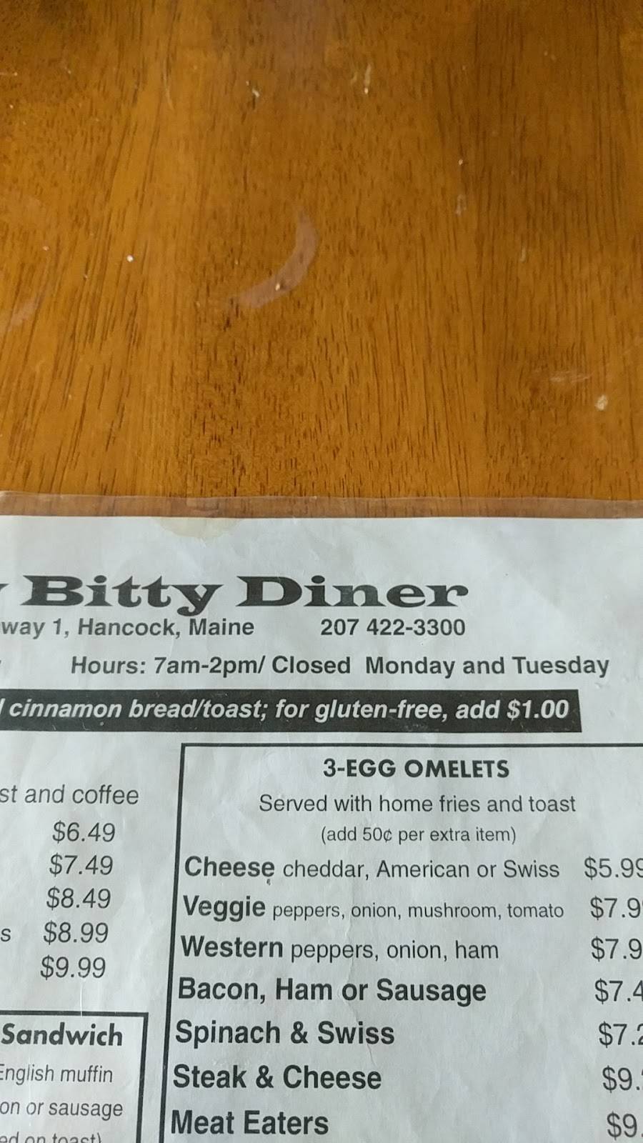 Itty-Bitty Diner | restaurant | 1166 US-1, Hancock, ME 04640, USA | 2074223300 OR +1 207-422-3300